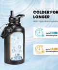Legit 64 Oz Insulated Water Bottle Triple Wall Vacuum Stainless Steel showcasing ice cubes, highlighting cold for 48 hrs.