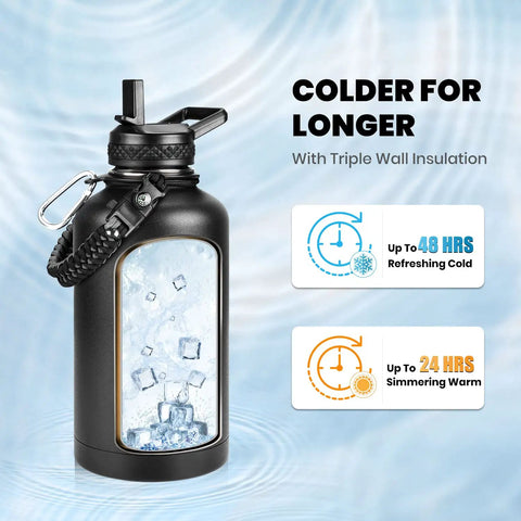 Legit 64 Oz Insulated Water Bottle Triple Wall Vacuum Stainless Steel showcasing ice cubes, highlighting cold for 48 hrs.