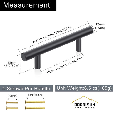 Solid Brass Cabinet Pulls 4 Pack Matte Black Euro T Bar Handles With 5 Inch Hole Center measurement guide