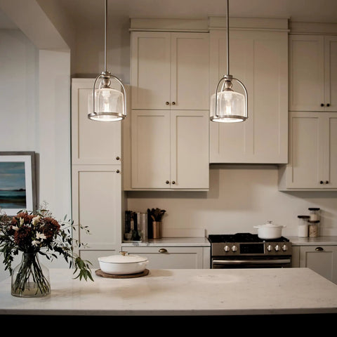 Modern kitchen with One Light Mini Pendant In Brushed Nickel, cool steel fixture over island, requires 75W A19 bulb, dry location.