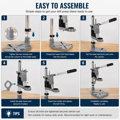 Step-by-step assembly guide for Adjustable Drill Press Stand For Hand Drill Benchtop Workstation With Precision Depth Control Scale.