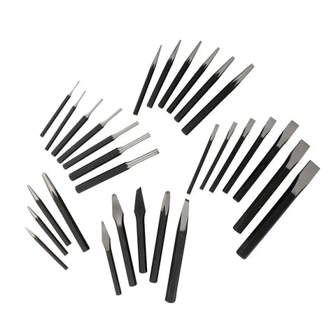 Automotive 29 Piece Chisel Set And Punch Tool Kit For Metalworking displayed in a fan pattern