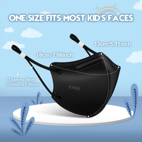 Kids KN95 Face Mask 25 Pack 5 Layer Breathable Mask With Adjustable Ear Loops And Silicone Cord Buckles Black Snug Fit