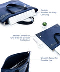 Go Anywhere Heavy Duty Large Zipper Pouch With Handle Fits A4 Paper And 16 Inch Laptop, Waterproof Oxford File Bag, Spacious Organizer For Office Travel And Daily Grind In Blue with double handle and leather corners.