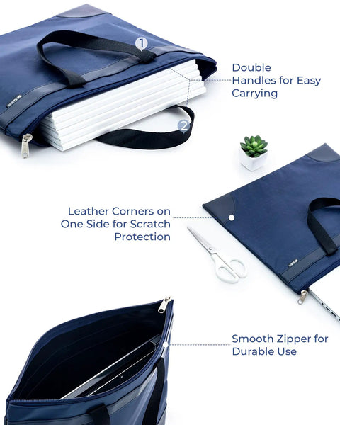 Go Anywhere Heavy Duty Large Zipper Pouch With Handle Fits A4 Paper And 16 Inch Laptop, Waterproof Oxford File Bag, Spacious Organizer For Office Travel And Daily Grind In Blue with double handle and leather corners.