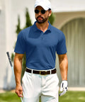Man wearing Mens Polo Shirt Cotton Pique Short Sleeve 3 Button Closure, Classic Fit Casual Athletic Performance Golf Tee, Breathable Moisture Wicking Top In Blue Gray Large