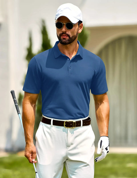 Man wearing Mens Polo Shirt Cotton Pique Short Sleeve 3 Button Closure, Classic Fit Casual Athletic Performance Golf Tee, Breathable Moisture Wicking Top In Blue Gray Large