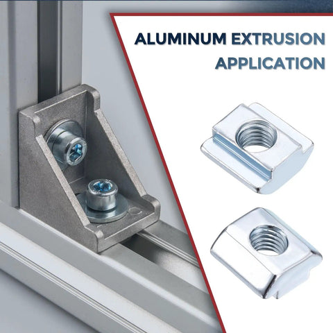 Top Notch Premium Heavy Duty Sliding T Nuts M8 1.25 Thread Pitch For 4545 T Slot Rails Smooth Glide Hammer Fasteners close-up of application with nuts