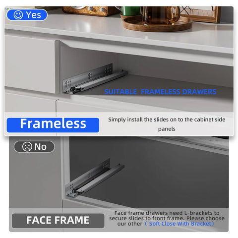 Frameless cabinet with Bottom Mount Soft Close Drawer Slides Set 10 12 14 16 18 20 22 24 Inch Full Extension Concealed Rails without bracket.