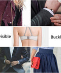Collage highlighting various garments with invisible buckles, featuring a bra, blazer, jacket, and skirt with 100 Pieces Sewing Hooks And Eyes Closure Set With Three Styles For Skirts Bras Trousers And Dresses Pro Grade Dope Copper Metal Snaps Fasteners Kit For DIY Sewing Projects And Fashion Crafting.