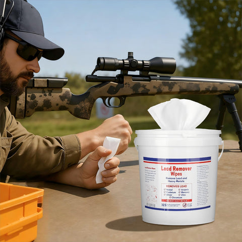Man cleaning hands with 325 Count Lead Removal Wipes For Shooting Disposable Hand And Surface Cleaning Wipes bucket nearby