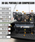 Tough As Nails 13HP Gas Air Compressor Featuring 30 Gallon Tank, showing gasoline engine, pressure gauge, and components.
