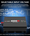 Heavy Duty 4000W Power Inverter Converts 12V DC To 120V AC With 8000W Peak Surge for RVs, featuring selectable input voltage settings.