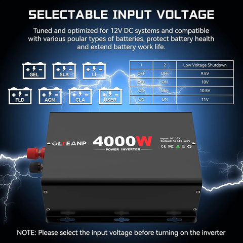 Heavy Duty 4000W Power Inverter Converts 12V DC To 120V AC With 8000W Peak Surge for RVs, featuring selectable input voltage settings.