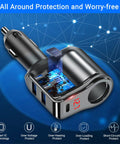 Ride Ready Dual Type C Car Charger Splitter Crushing Charge Bottlenecks By Plugging Straight Into Your 12 Volt Cigarette Lighter Socket With Sleek Led Voltmeter and detailed smart IC technology.