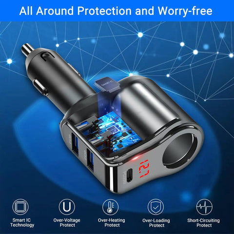 Ride Ready Dual Type C Car Charger Splitter Crushing Charge Bottlenecks By Plugging Straight Into Your 12 Volt Cigarette Lighter Socket With Sleek Led Voltmeter and detailed smart IC technology.