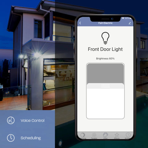 Smart Outdoor Flood Lights With Motion Sensor, 28W LED WiFi Security Light app interface for brightness control and scheduling