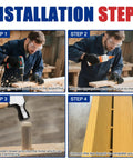 Step-by-step guide for installing fluted wood dowels in a woodworking project using glue and a drill.
