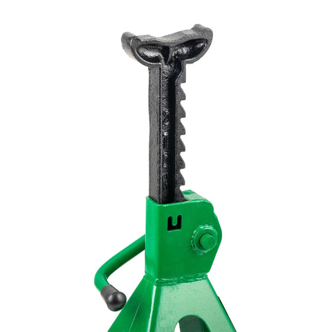 Close-up of a green Pair Of 2 Ton Jack Stands With Extended Reach 10.5 To 17 Inches Beefy Heavy Duty Steel Base with serrated support.