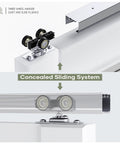 Eight Foot Sliding Pocket Door Hardware Kit With Aluminum Box Rail Track showing three wheel hanger and concealed sliding system.