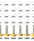 Various profiles of raised panel cabinet door router bits for CNC and handheld routers with shank and cutting details.