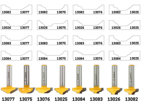 Various profiles of raised panel cabinet door router bits for CNC and handheld routers with shank and cutting details.