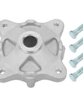 Badass Heavy Duty Rear Wheel Hub Assembly With Studs Replacement For Polaris RZR Sportsman Ace Ranger Atv Utv Models, silver hub with four bolts.