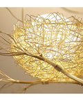 Nest Woven Pendant Chandelier With Bird Accents, Dope Modern Metal Frame And White Glass Shade, gold wire nest design