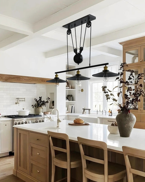 Three Pack Rustic Farmhouse Pendant Lights For Kitchen Island And Dining Room With Three E26 Sockets Adjustable Pulley Style Chandeliers