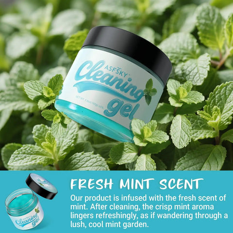 Mint Scented Car Cleaning Gel 160g Aromatherapy Dust Buster For Air Vents And Hard To Reach Corners Soft Gel Grabs Dust In Dashboard Console Crevices And Cup Holders With Fresh Mint Aroma., mint cleaning gel jar with black lid among mint leaves