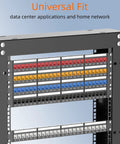 Image of patch panel with RJ45 Keystone Jack Cat6 10G Ready Slim 90 Degree UTP Keystone Jacks 25 Pack installed, showcasing high-density network configuration.