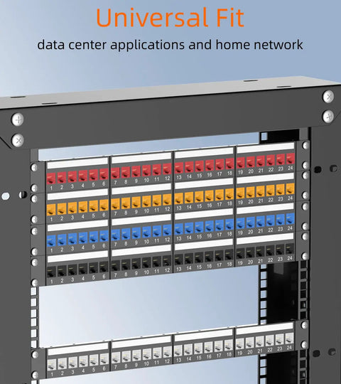 Image of patch panel with RJ45 Keystone Jack Cat6 10G Ready Slim 90 Degree UTP Keystone Jacks 25 Pack installed, showcasing high-density network configuration.