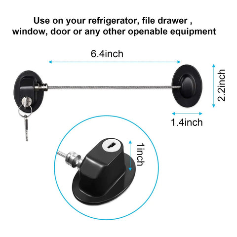 Heavy Duty Four Pack Slide Bolt Locks For Fridge And Cupboards With Backup Keys shown with dimensions for fridge and drawer use.