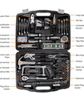 Open black storage case showing 173 Piece General Household Hand Tool Set With Portable Storage Case For Easy DIY Home Repairs Includes Wrenches
