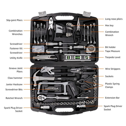 Open black storage case showing 173 Piece General Household Hand Tool Set With Portable Storage Case For Easy DIY Home Repairs Includes Wrenches