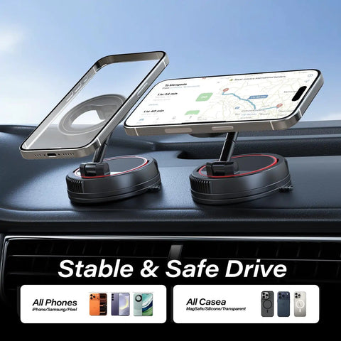 Durable C19 Vehicle Mounting Bracket in bold red holding smartphone with map in car