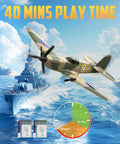 3 Channel RC Plane Spitfire Fighter Ready To Fly Warbird with 2.4GHz control flying over ocean, 40 mins play time shown