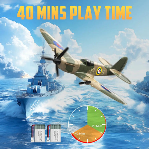 3 Channel RC Plane Spitfire Fighter Ready To Fly Warbird with 2.4GHz control flying over ocean, 40 mins play time shown