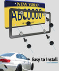 Black Stainless Steel License Plate Bolts Kit for Cars, Rustproof Phillips Head Screws with frame and car illustration