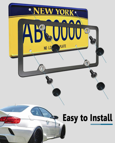 Black Stainless Steel License Plate Bolts Kit for Cars, Rustproof Phillips Head Screws with frame and car illustration