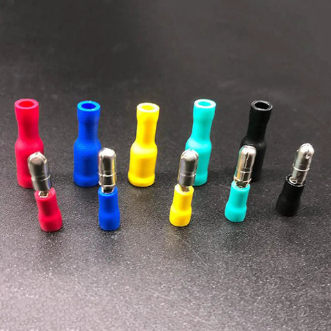 Insulated Male And Female Wire Connectors Kit, 100 Piece Quick Crimp Terminals For Automotive And Home Wiring, shown in multiple colors