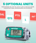 Go-To Three-Quarter Inch Digital Turbine Fuel Flow Meter Inline NPT With 360 Degree Swivel Connector showing LCD display and measurement units