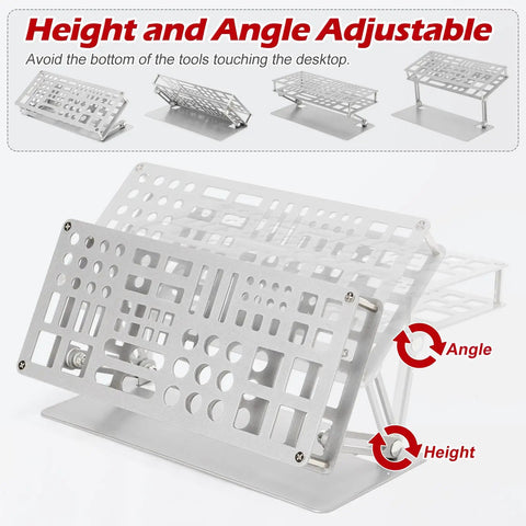 Premium Screwdriver Organizer Holder For Desktop Tools showing adjustable height and angle, silver carbon steel rack