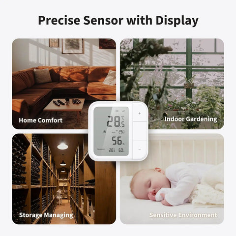 Display of Thread And Zigbee Smart Climate Sensor W100 For Temperature And Humidity Monitoring in various settings