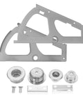 Front view of two stainless steel turning rack hinges for drawers, with mounting screws and brackets.