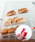Sixteen Pack Clear Acrylic Self Adhesive Hinges 35X25 Millimeter used in a transparent dessert display case showcasing baked goods.