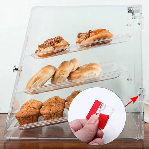 Sixteen Pack Clear Acrylic Self Adhesive Hinges 35X25 Millimeter used in a transparent dessert display case showcasing baked goods.