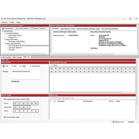Software interface of ACR122U NFC Card Reader Writer USB with SDK for ISO 14443 Mifare and FeliCa Cards CCID Compliant