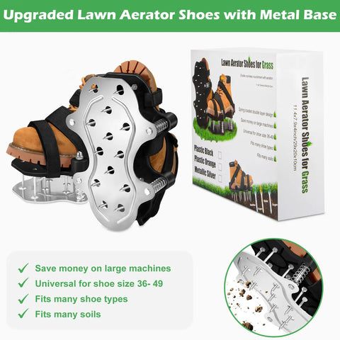Spring Loaded Lawn Aerator Shoes With Aluminum Base And Double Layer Design No Mess Walks While Aerating Patios And Gardens Patented Bounce Tech For Mess Free Yard Work Black shown with packaging and metal spikes.