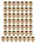 50 pack of Beefy Zinc Alloy M4 Furniture Threaded Insert Nuts, 10mm Length, 8mm OD, Internal Threads M4, displayed in rows.